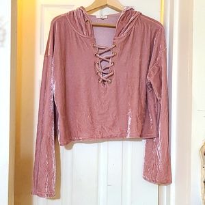Rose gold crushed velvet hooded top. Sz L